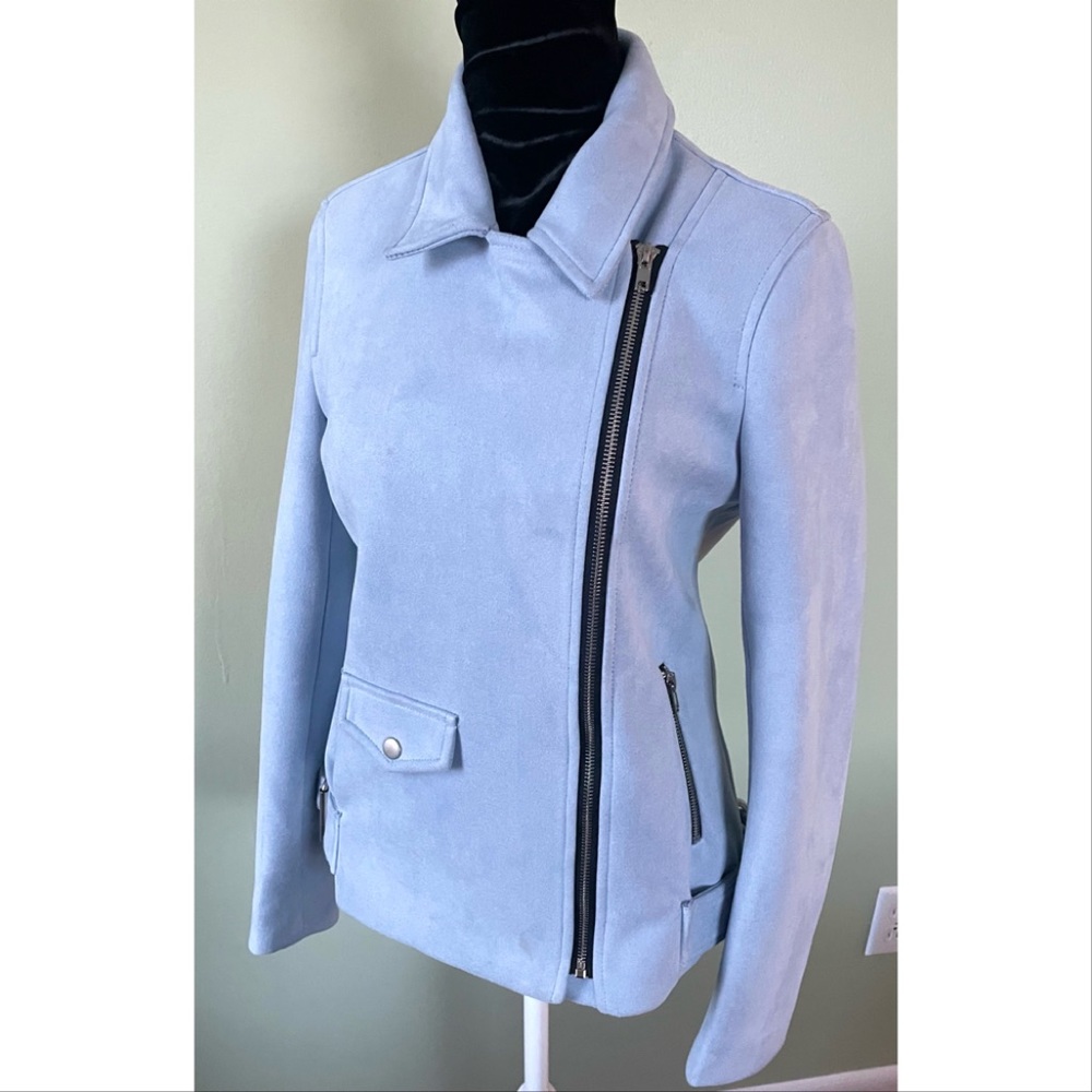🍒2/$25 Powder blue moto jacket, faux suede Missguided motorcycle zip up coat